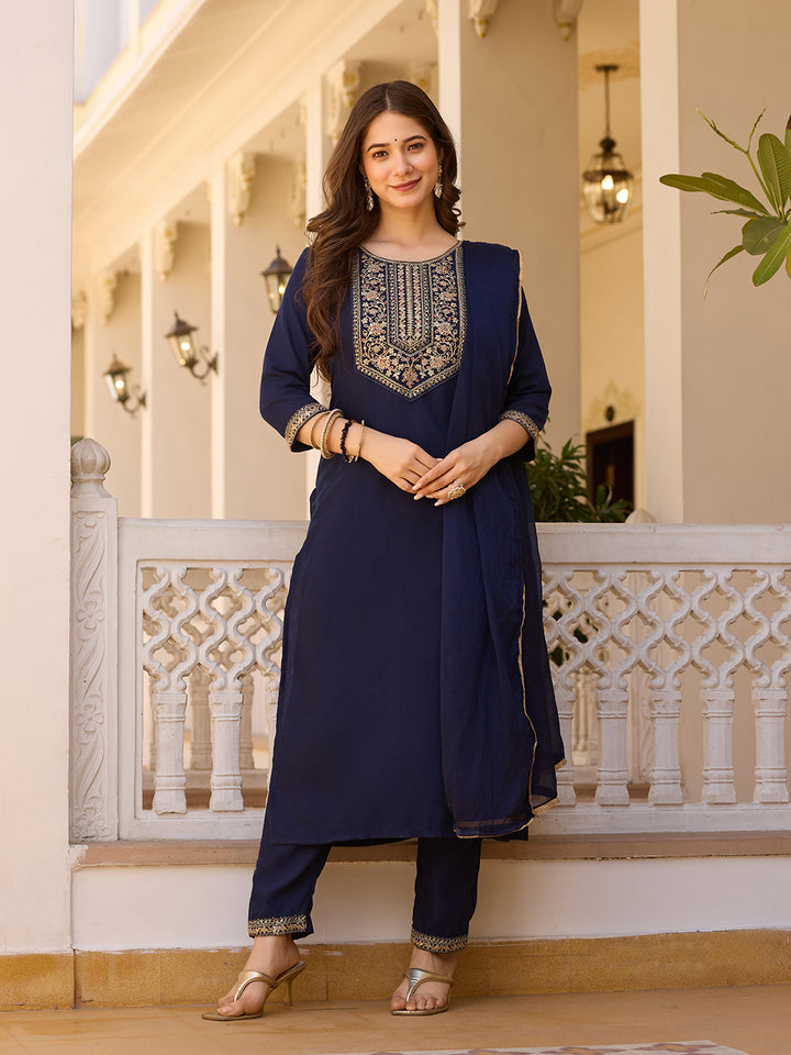 Navy Blue Color Rayon Kurti With Pant And Heavy Embroidery Dupatta Set