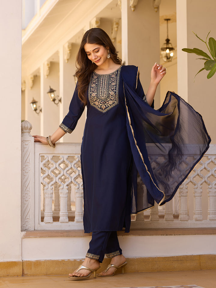 Navy Blue Color Rayon Kurti With Pant And Heavy Embroidery Dupatta Set