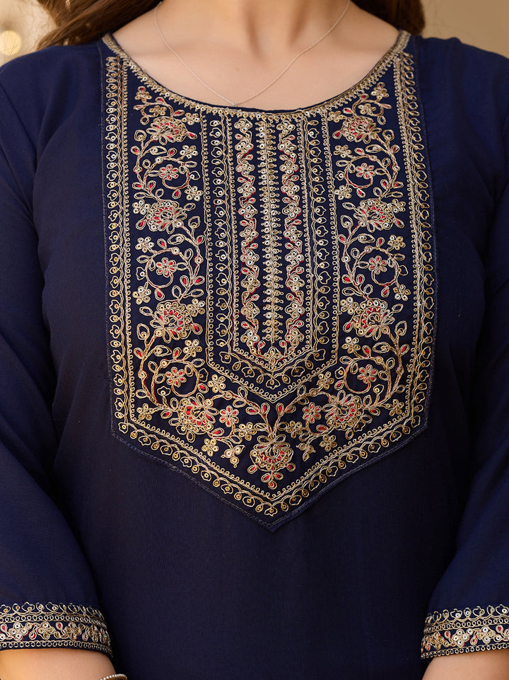 Navy Blue Color Rayon Kurti With Pant And Heavy Embroidery Dupatta Set