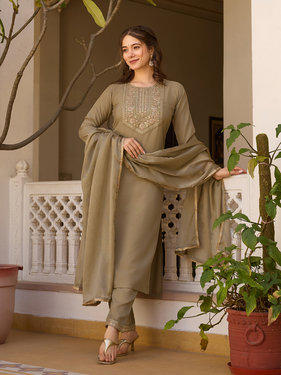 Beige Color Rayon Kurti With Pant And Heavy Embroidery Dupatta Set