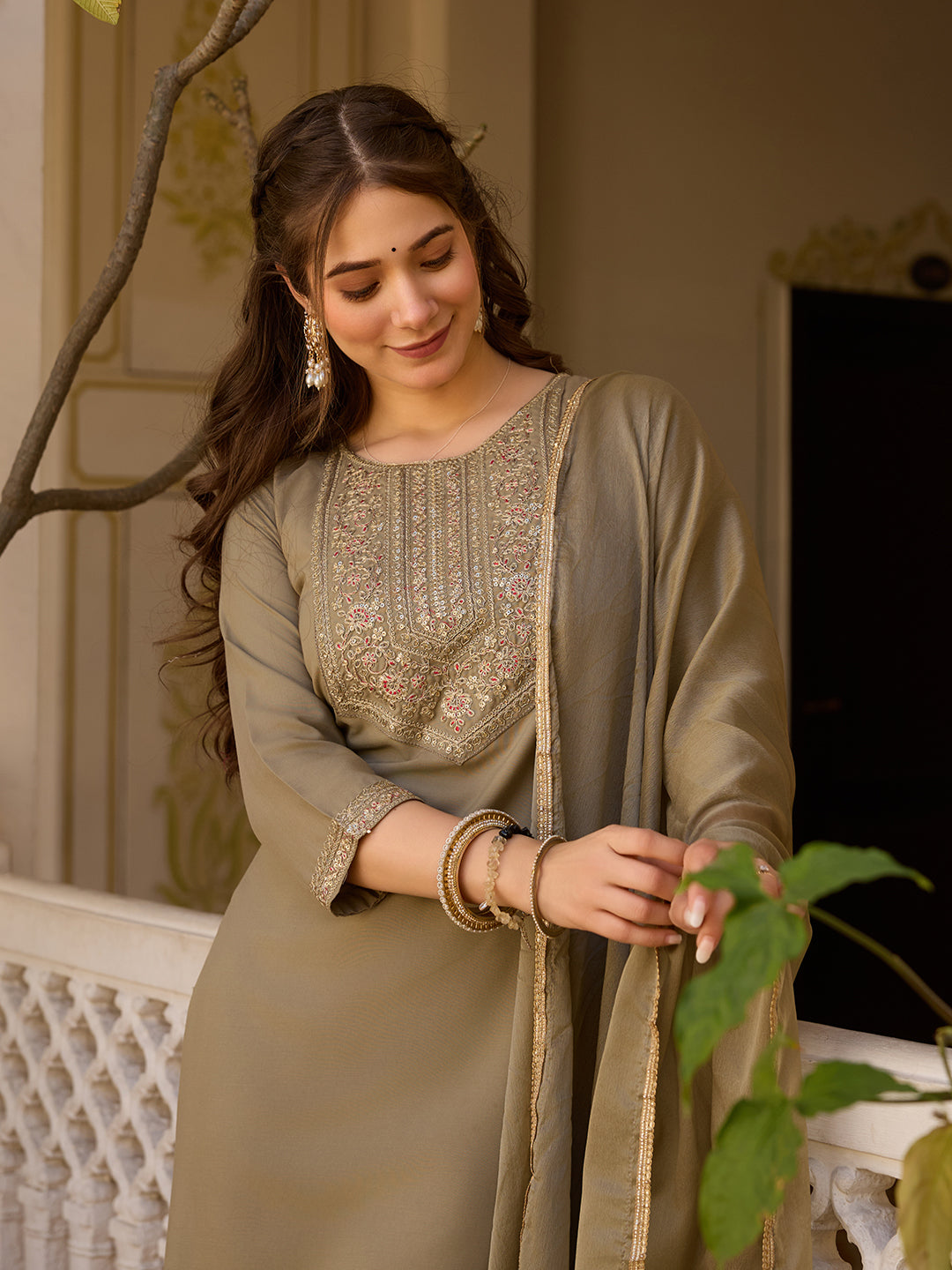 Beige Color Rayon Kurti With Pant And Heavy Embroidery Dupatta Set