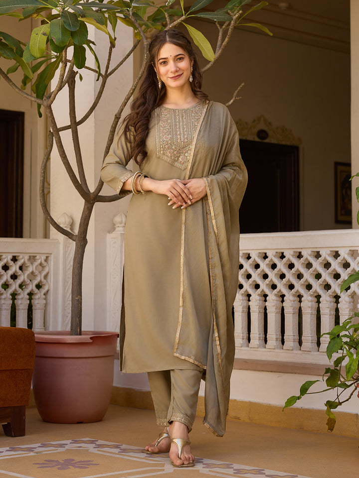 Beige Color Rayon Kurti With Pant And Heavy Embroidery Dupatta Set