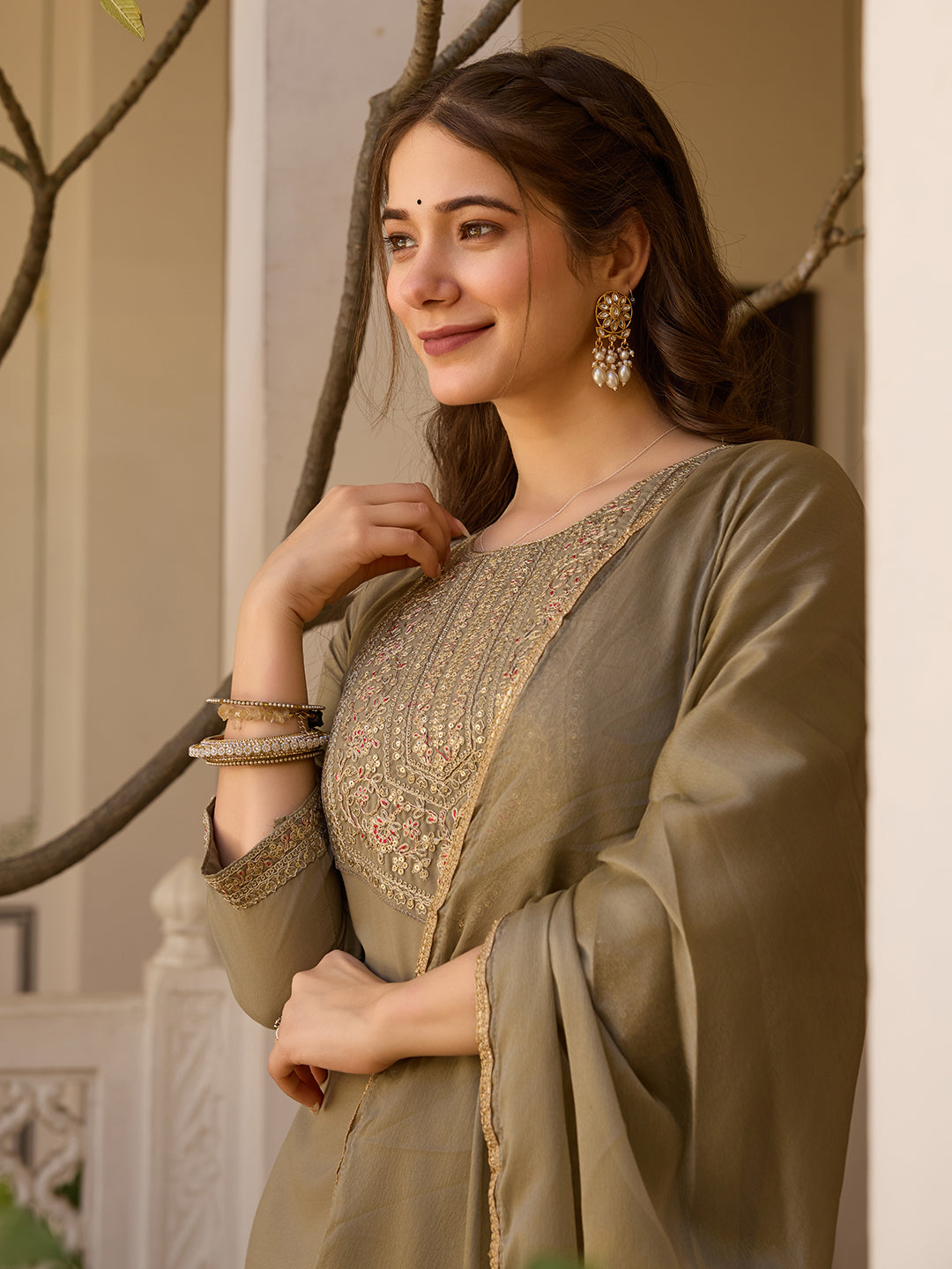 Beige Color Rayon Kurti With Pant And Heavy Embroidery Dupatta Set
