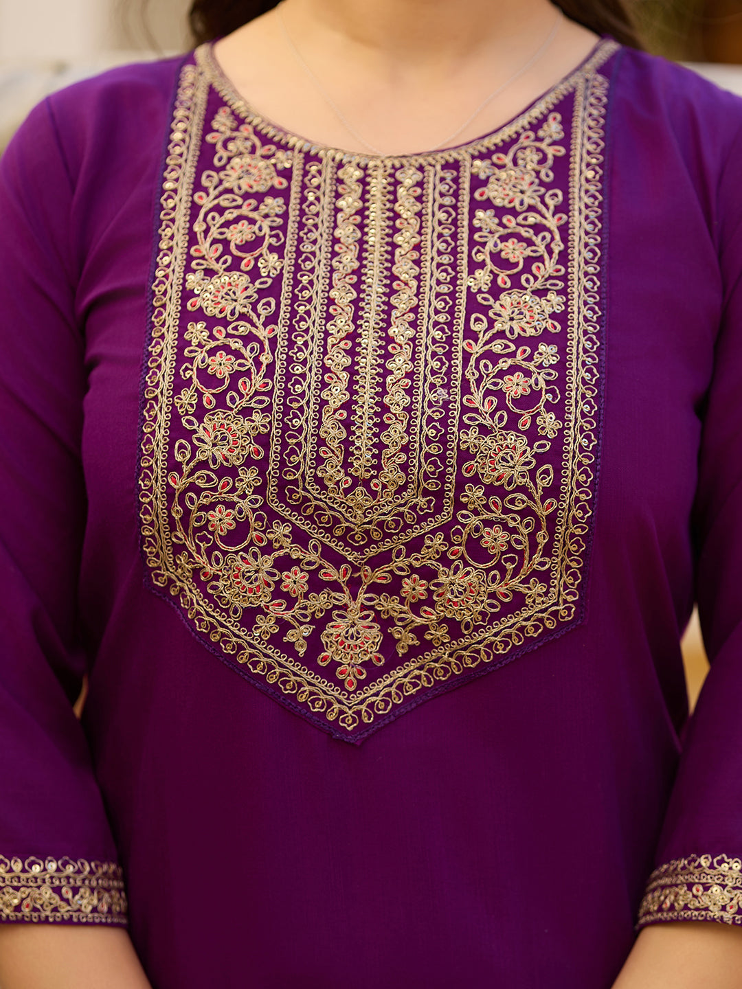 Purple Color Rayon Kurti With Pant And Heavy Embroidery Dupatta Set