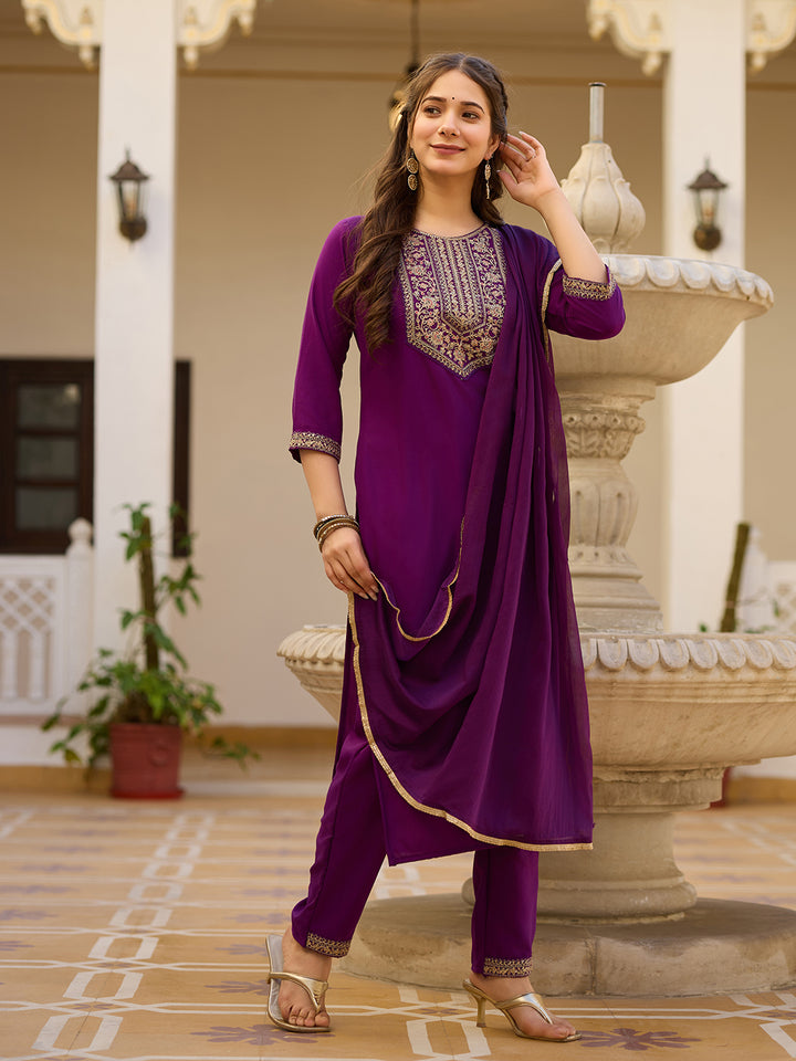 Purple Color Rayon Kurti With Pant And Heavy Embroidery Dupatta Set