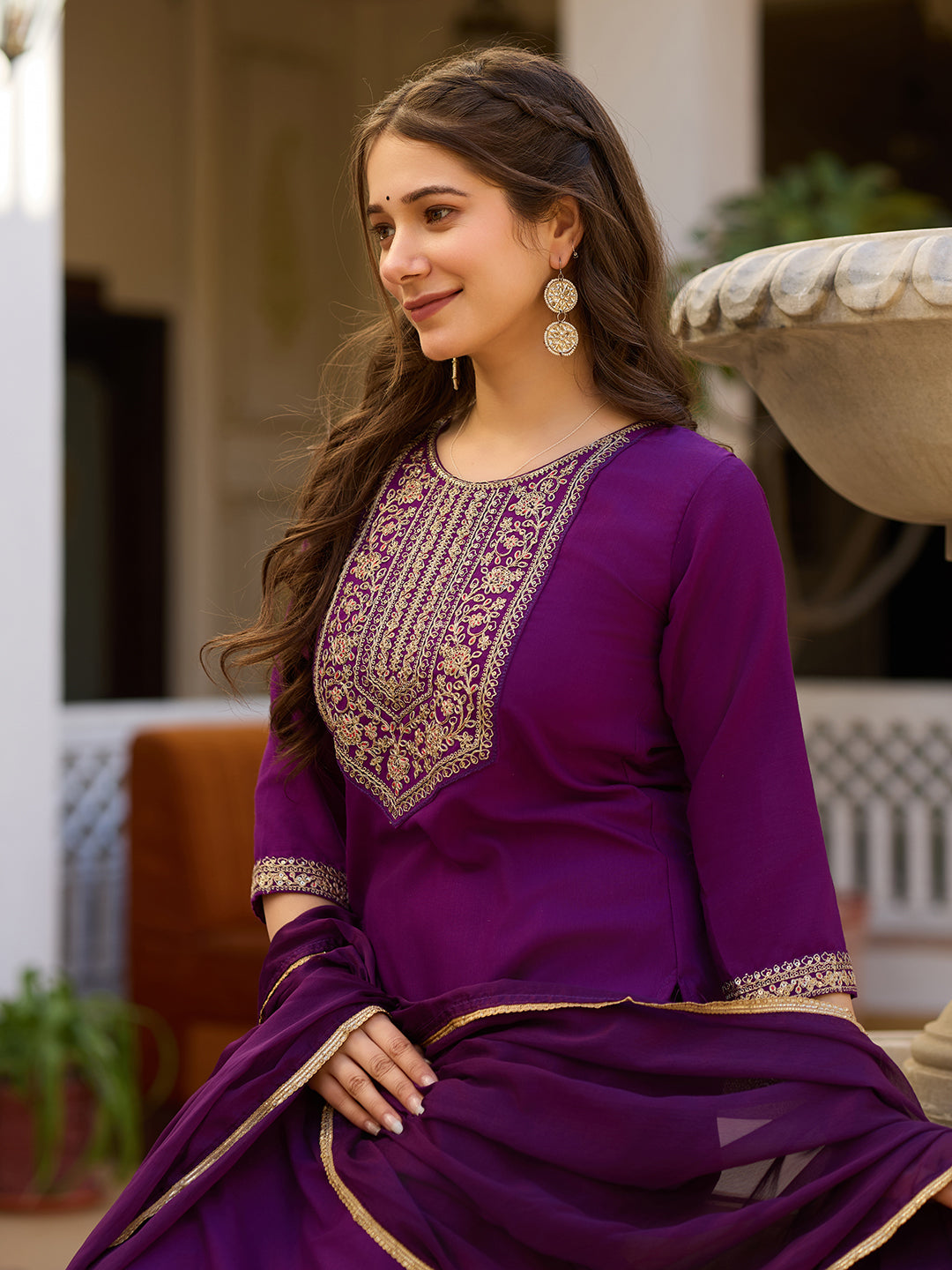 Purple Color Rayon Kurti With Pant And Heavy Embroidery Dupatta Set