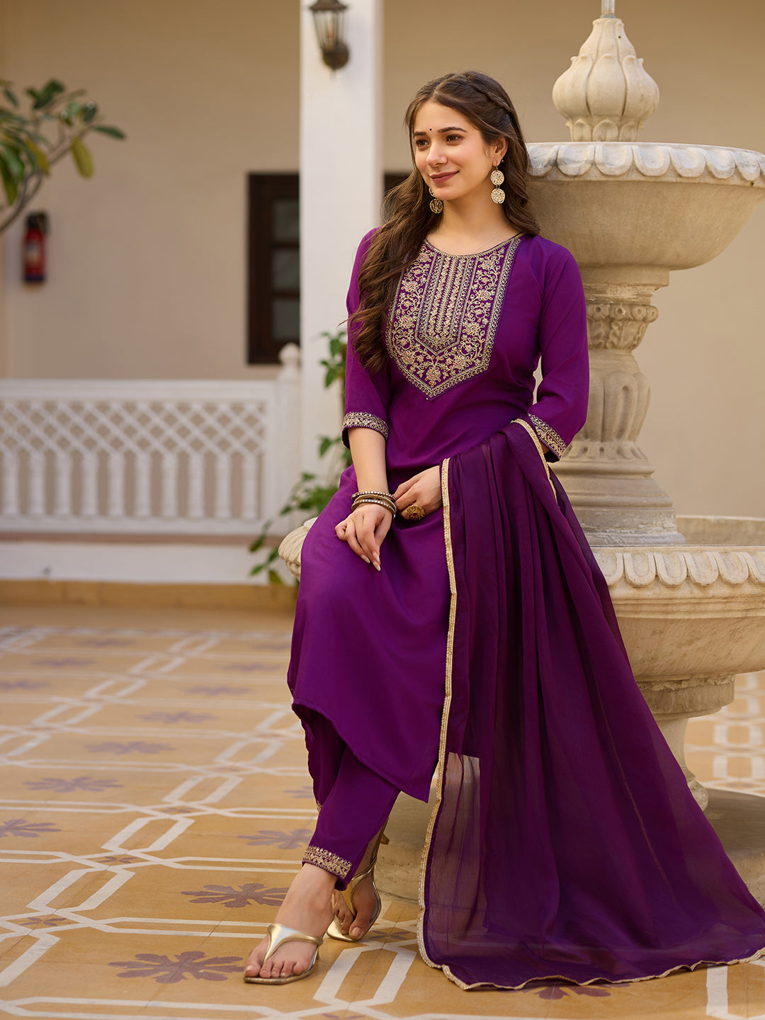Purple Color Rayon Kurti With Pant And Heavy Embroidery Dupatta Set
