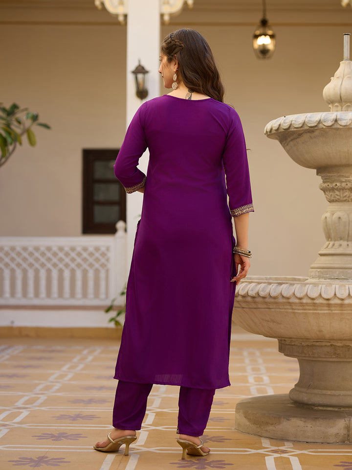 Purple Color Rayon Kurti With Pant And Heavy Embroidery Dupatta Set