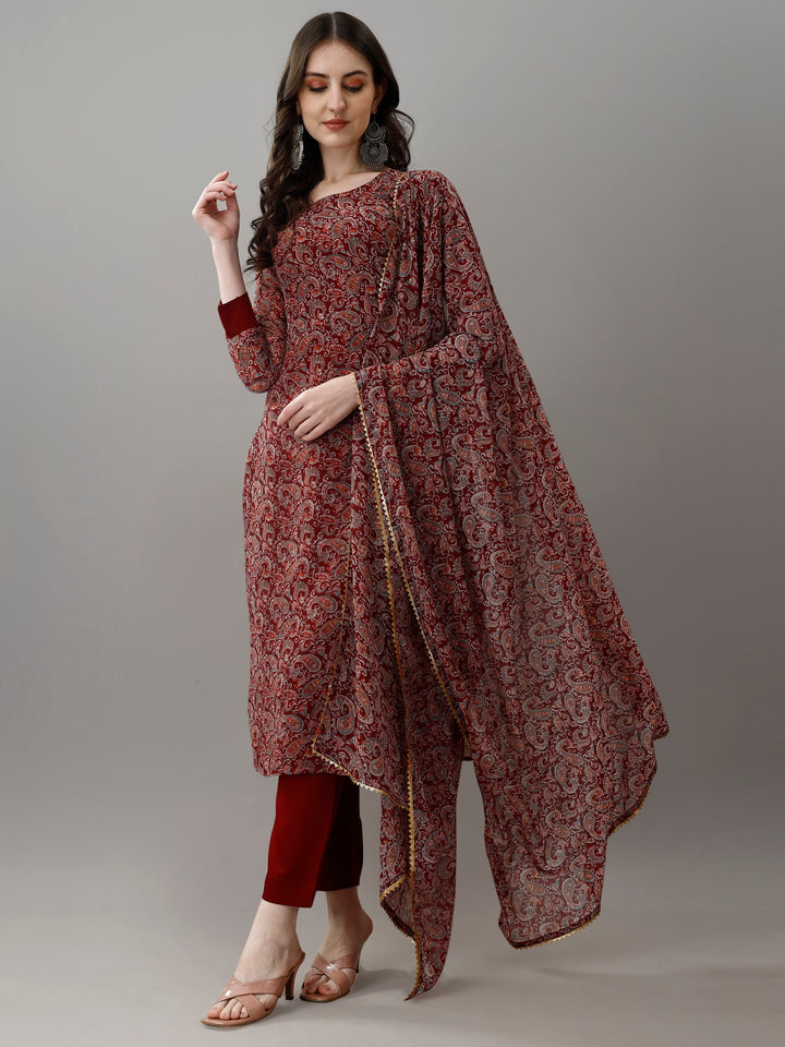 Maroon Color Faux Georgette Kurti With Pant And Heavy Embroidery Dupatta Set