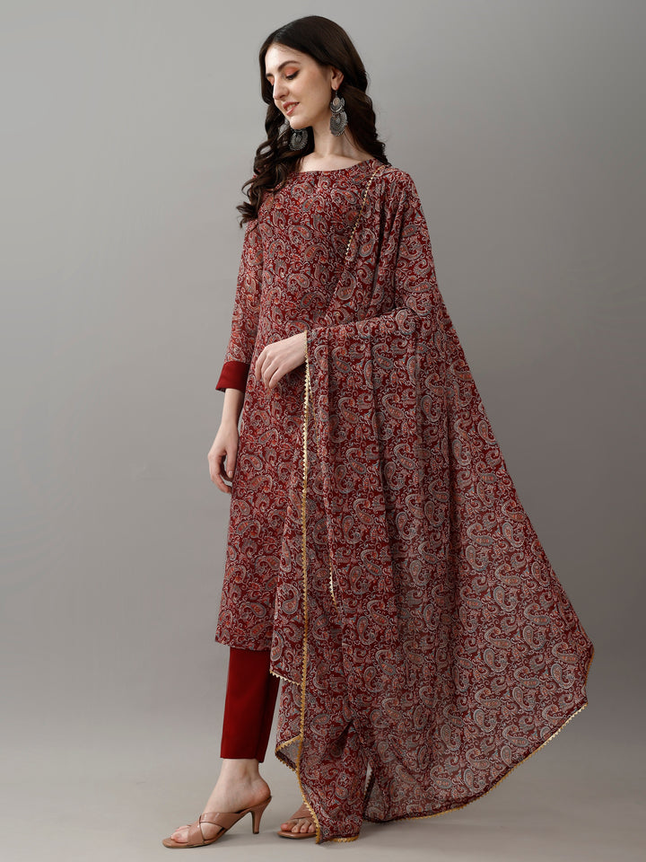 Maroon Color Faux Georgette Kurti With Pant And Heavy Embroidery Dupatta Set