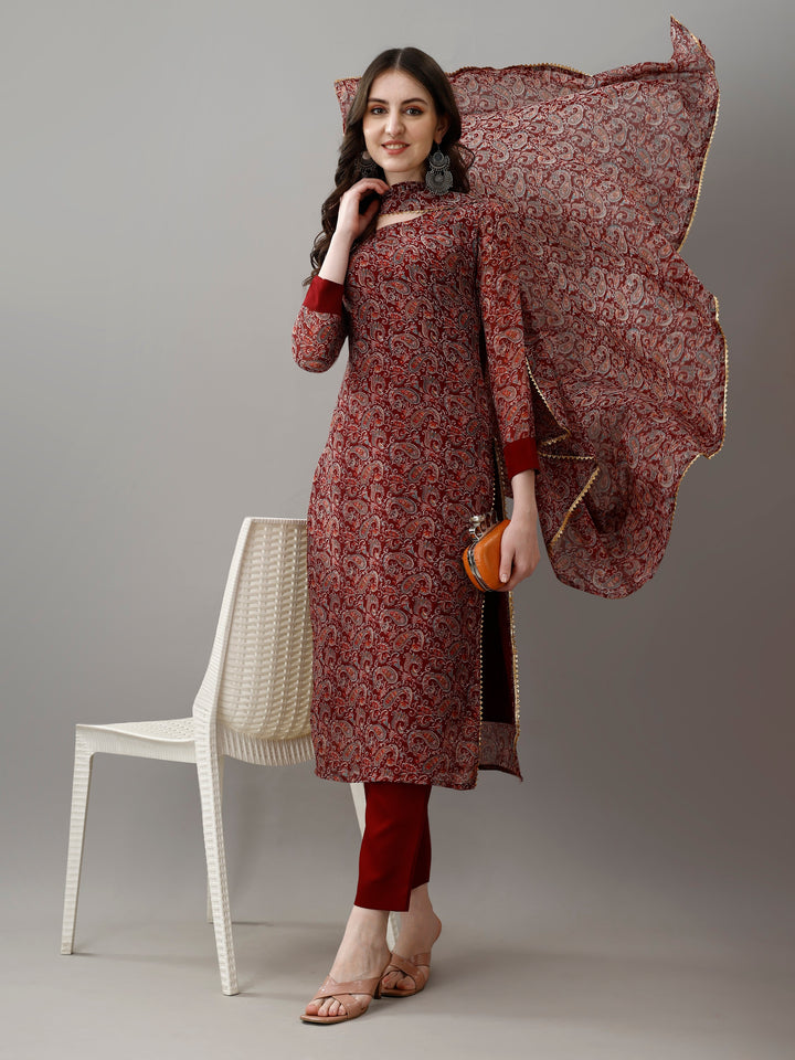 Maroon Color Faux Georgette Kurti With Pant And Heavy Embroidery Dupatta Set