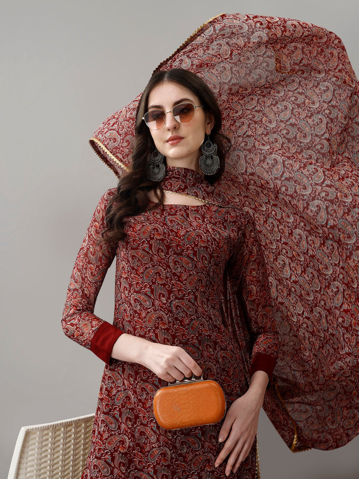 Maroon Color Faux Georgette Kurti With Pant And Heavy Embroidery Dupatta Set
