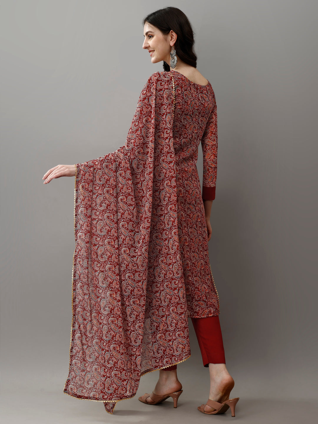 Maroon Color Faux Georgette Kurti With Pant And Heavy Embroidery Dupatta Set