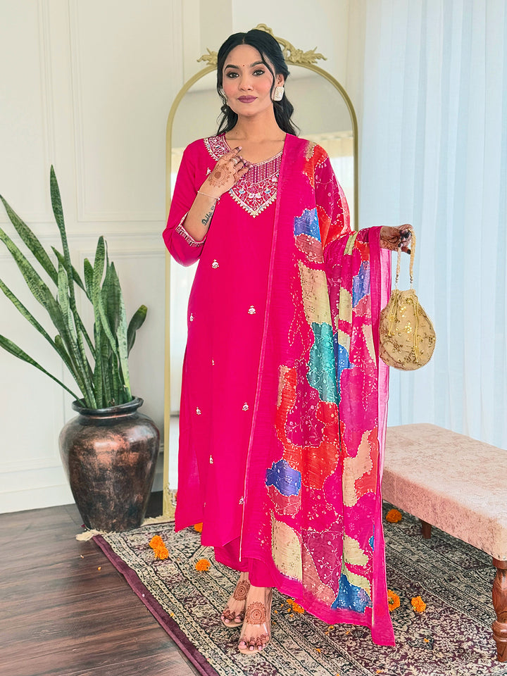 Pink Color Viscose Chanderi Embroidery Kurti with Pant And Dupatta Sets