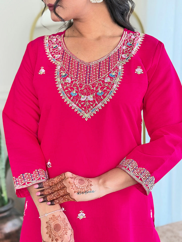 Pink Color Viscose Chanderi Embroidery Kurti with Pant And Dupatta Sets