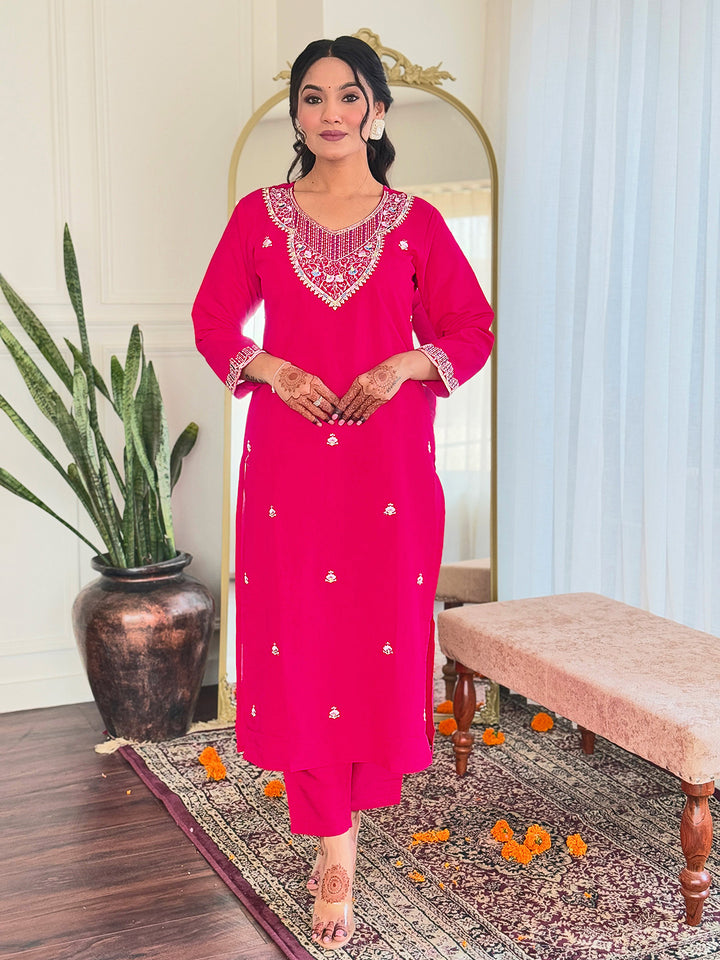 Pink Color Viscose Chanderi Embroidery Kurti with Pant And Dupatta Sets