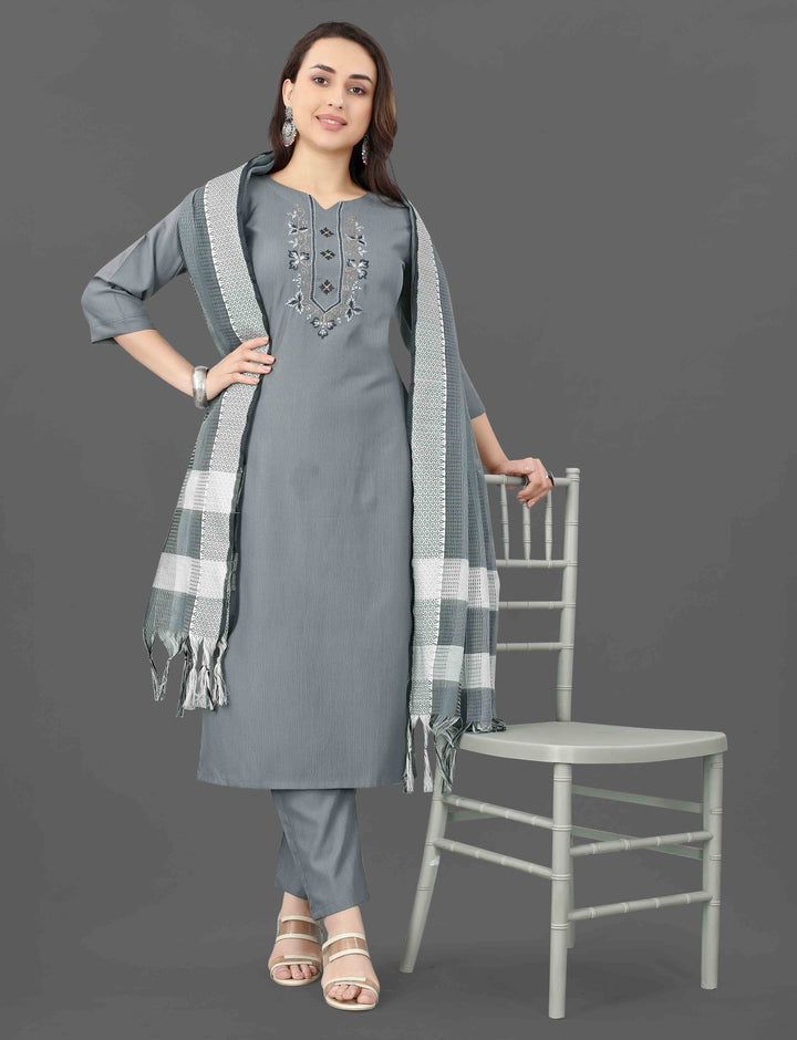 Grey Color Cotton Blend Embroidery & Mirror Work Kurti with Pant And Dupatta Sets