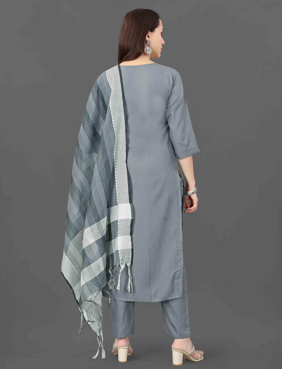 Grey Color Cotton Blend Embroidery & Mirror Work Kurti with Pant And Dupatta Sets