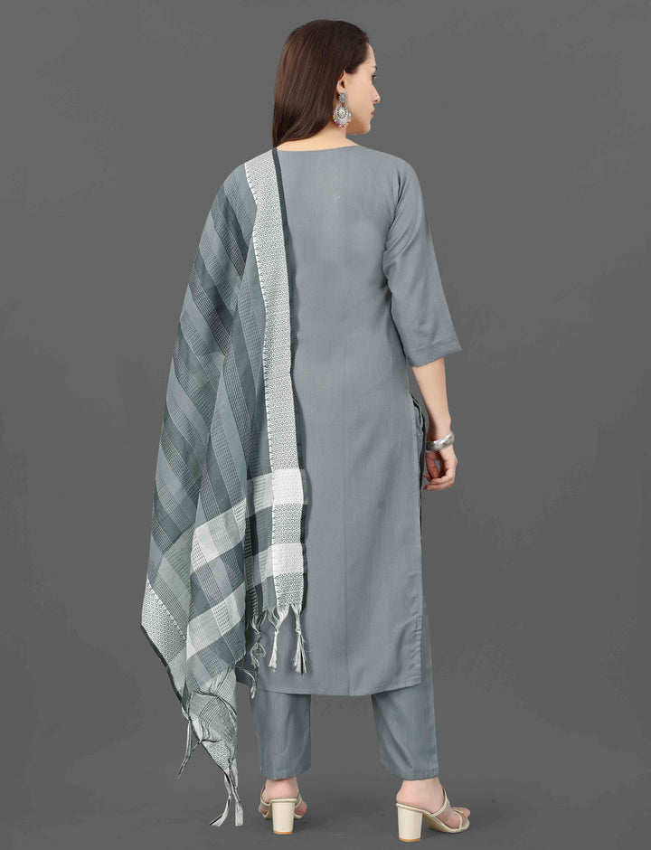 Grey Color Cotton Blend Embroidery & Mirror Work Kurti with Pant And Dupatta Sets