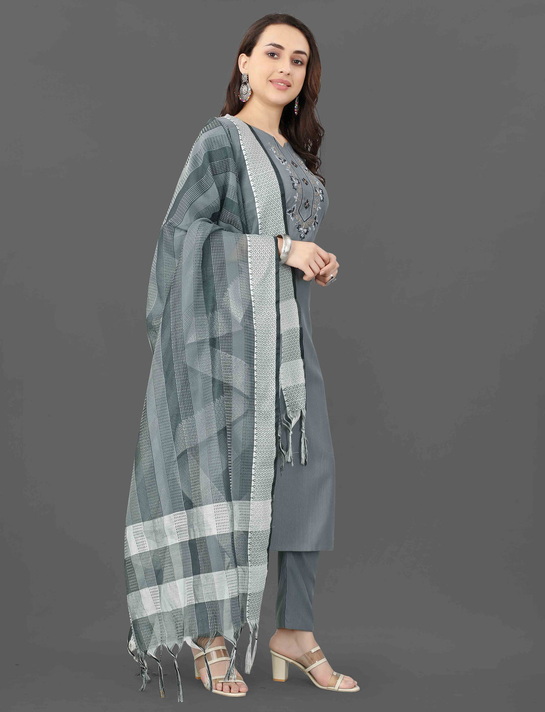Grey Color Cotton Blend Embroidery & Mirror Work Kurti with Pant And Dupatta Sets