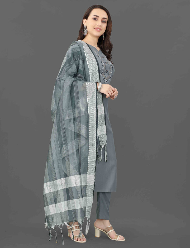 Grey Color Cotton Blend Embroidery & Mirror Work Kurti with Pant And Dupatta Sets