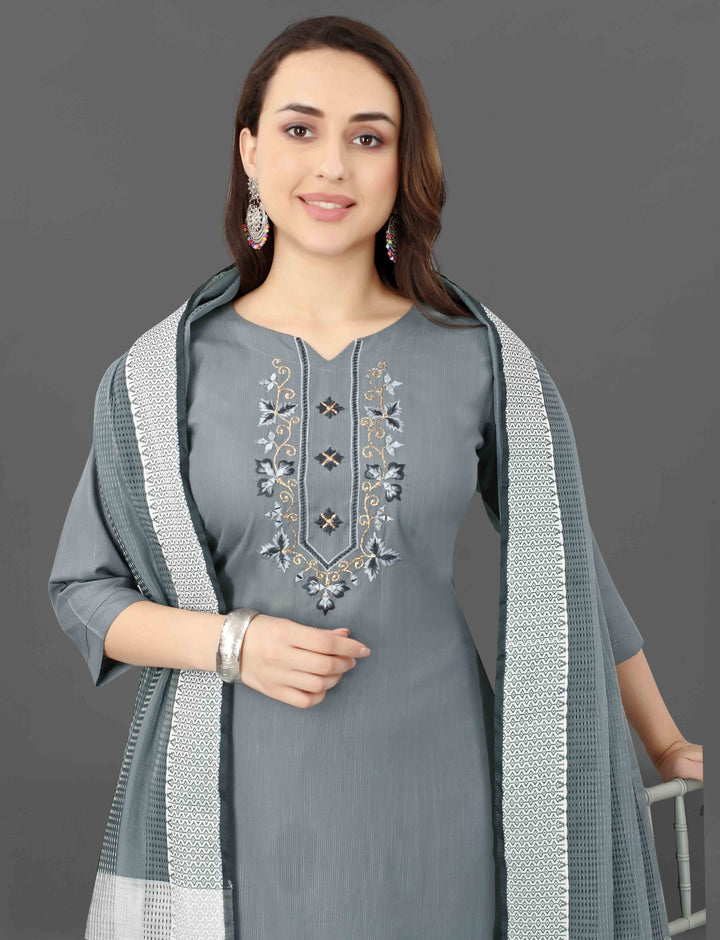 Grey Color Cotton Blend Embroidery & Mirror Work Kurti with Pant And Dupatta Sets