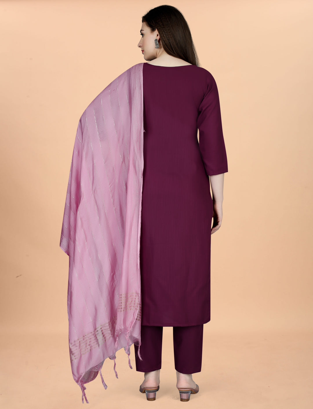Maroon Color Cotton Blend Embroidery Kurti with Pant And Dupatta Sets