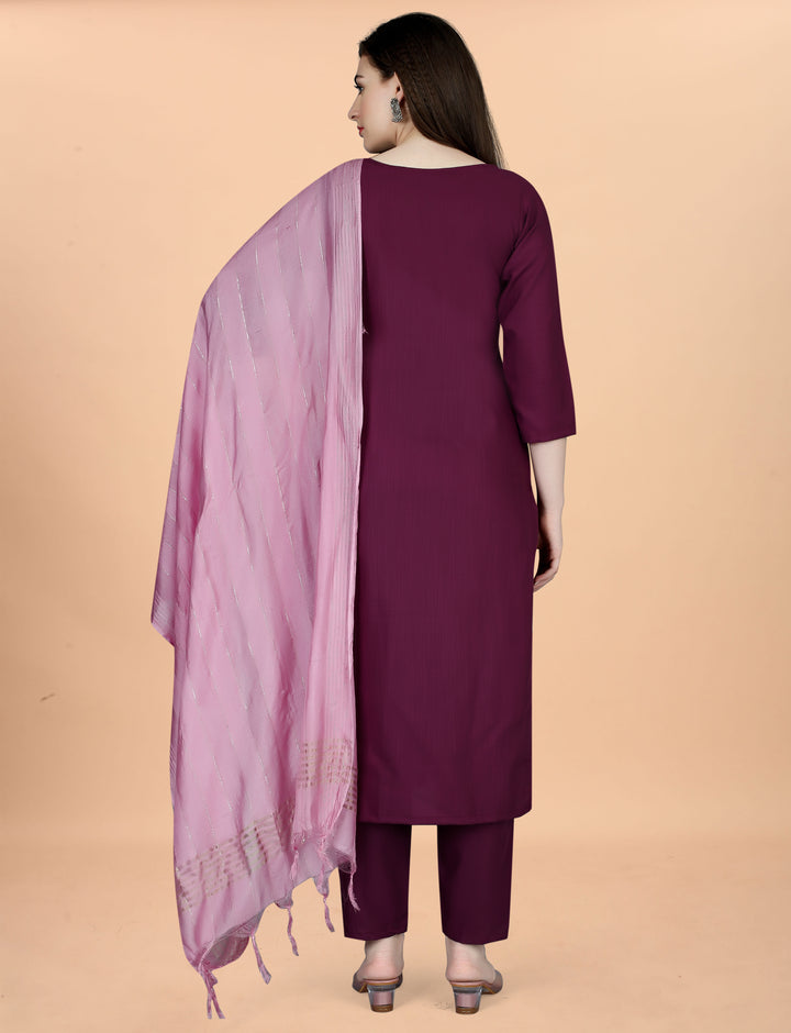 Maroon Color Cotton Blend Embroidery Kurti with Pant And Dupatta Sets