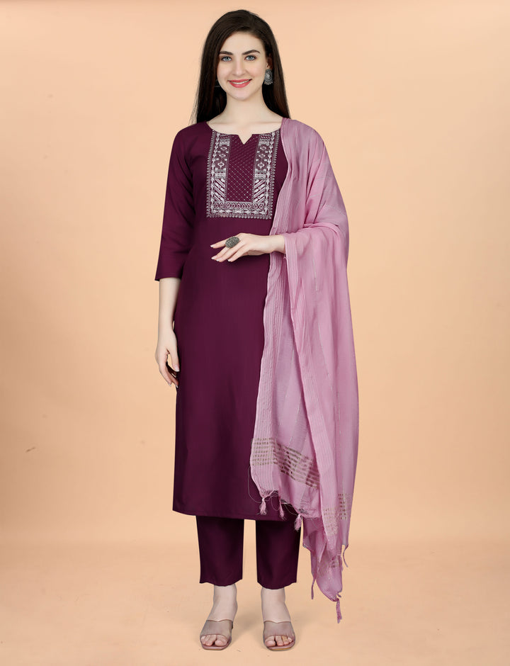Maroon Color Cotton Blend Embroidery Kurti with Pant And Dupatta Sets