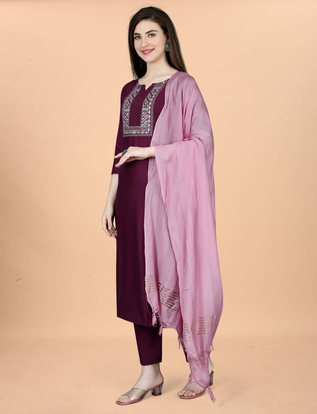 Maroon Color Cotton Blend Embroidery Kurti with Pant And Dupatta Sets
