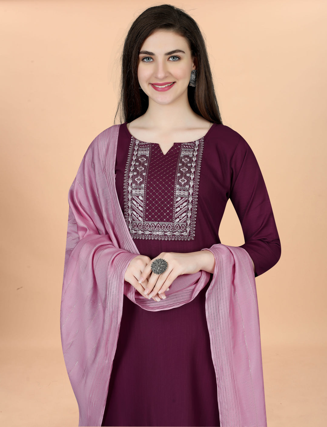 Maroon Color Cotton Blend Embroidery Kurti with Pant And Dupatta Sets