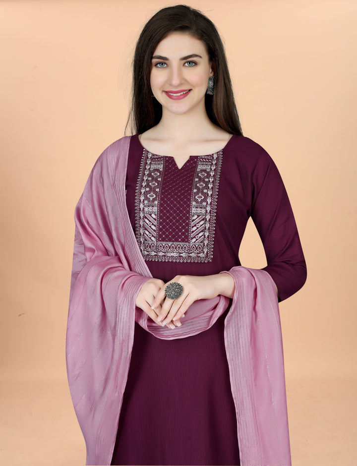 Maroon Color Cotton Blend Embroidery Kurti with Pant And Dupatta Sets