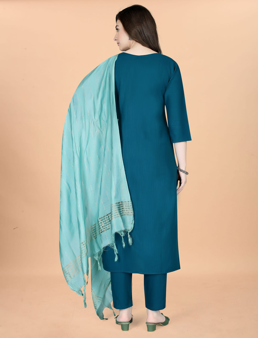 Teal Color Cotton Blend Embroidery Kurti with Pant And Dupatta Sets