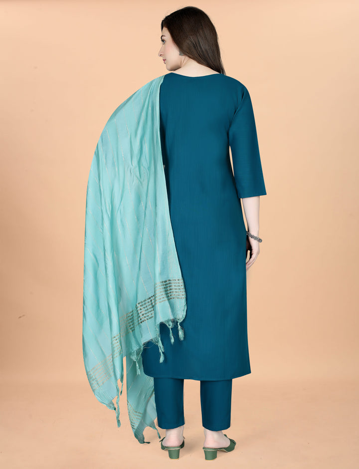 Teal Color Cotton Blend Embroidery Kurti with Pant And Dupatta Sets