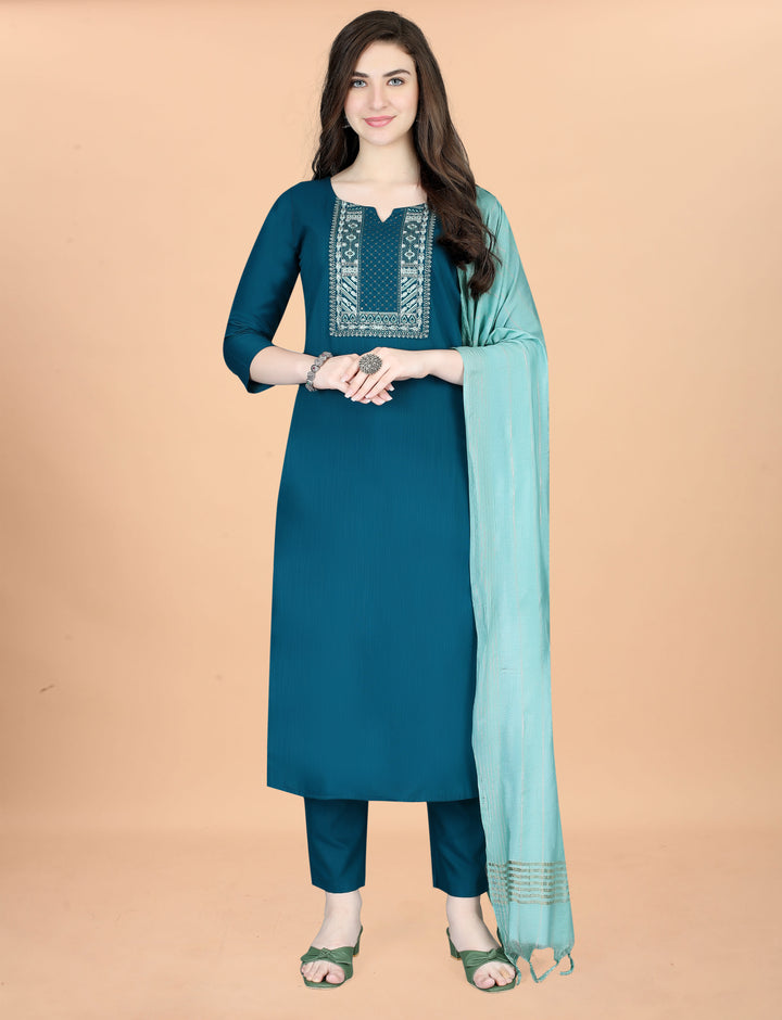 Teal Color Cotton Blend Embroidery Kurti with Pant And Dupatta Sets