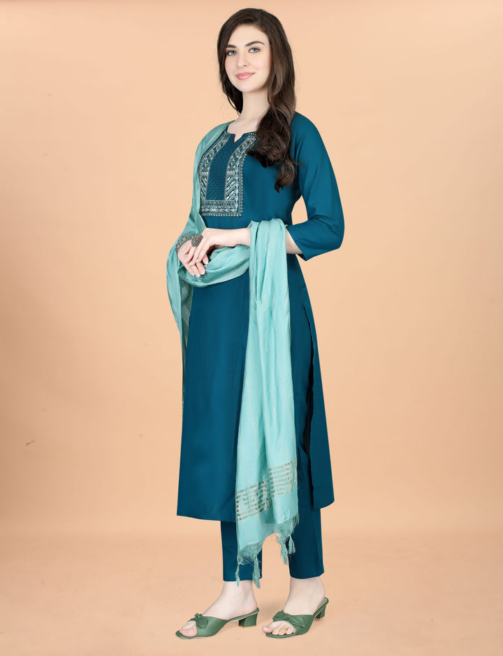 Teal Color Cotton Blend Embroidery Kurti with Pant And Dupatta Sets