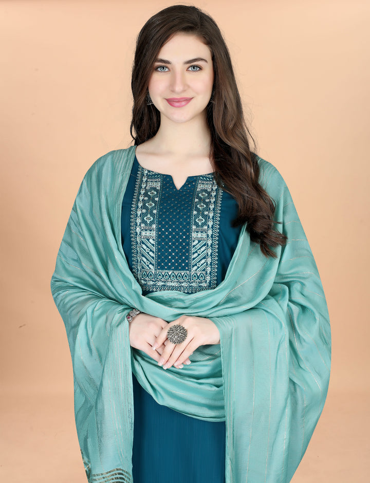Teal Color Cotton Blend Embroidery Kurti with Pant And Dupatta Sets