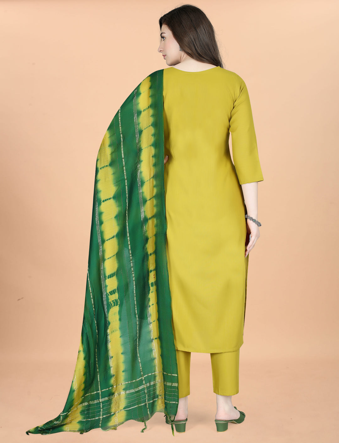 Mehndi Green Color Cotton Blend Embroidery Kurti with Pant And Dupatta Sets