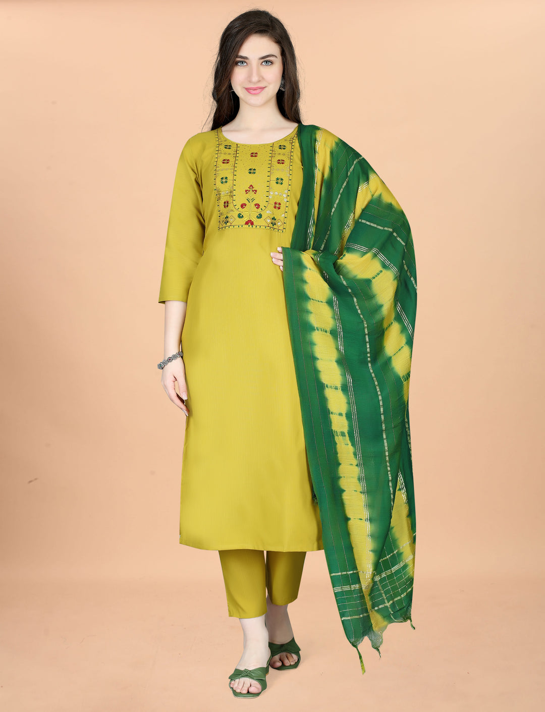 Mehndi Green Color Cotton Blend Embroidery Kurti with Pant And Dupatta Sets