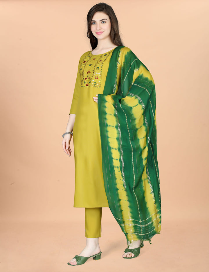 Mehndi Green Color Cotton Blend Embroidery Kurti with Pant And Dupatta Sets