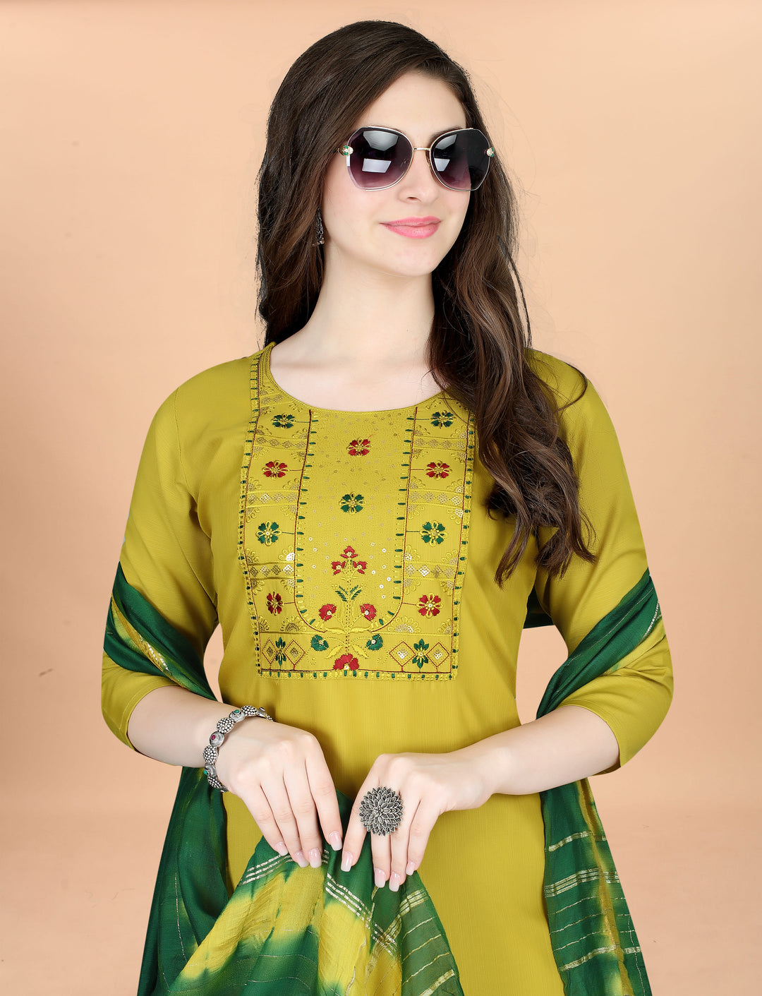 Mehndi Green Color Cotton Blend Embroidery Kurti with Pant And Dupatta Sets