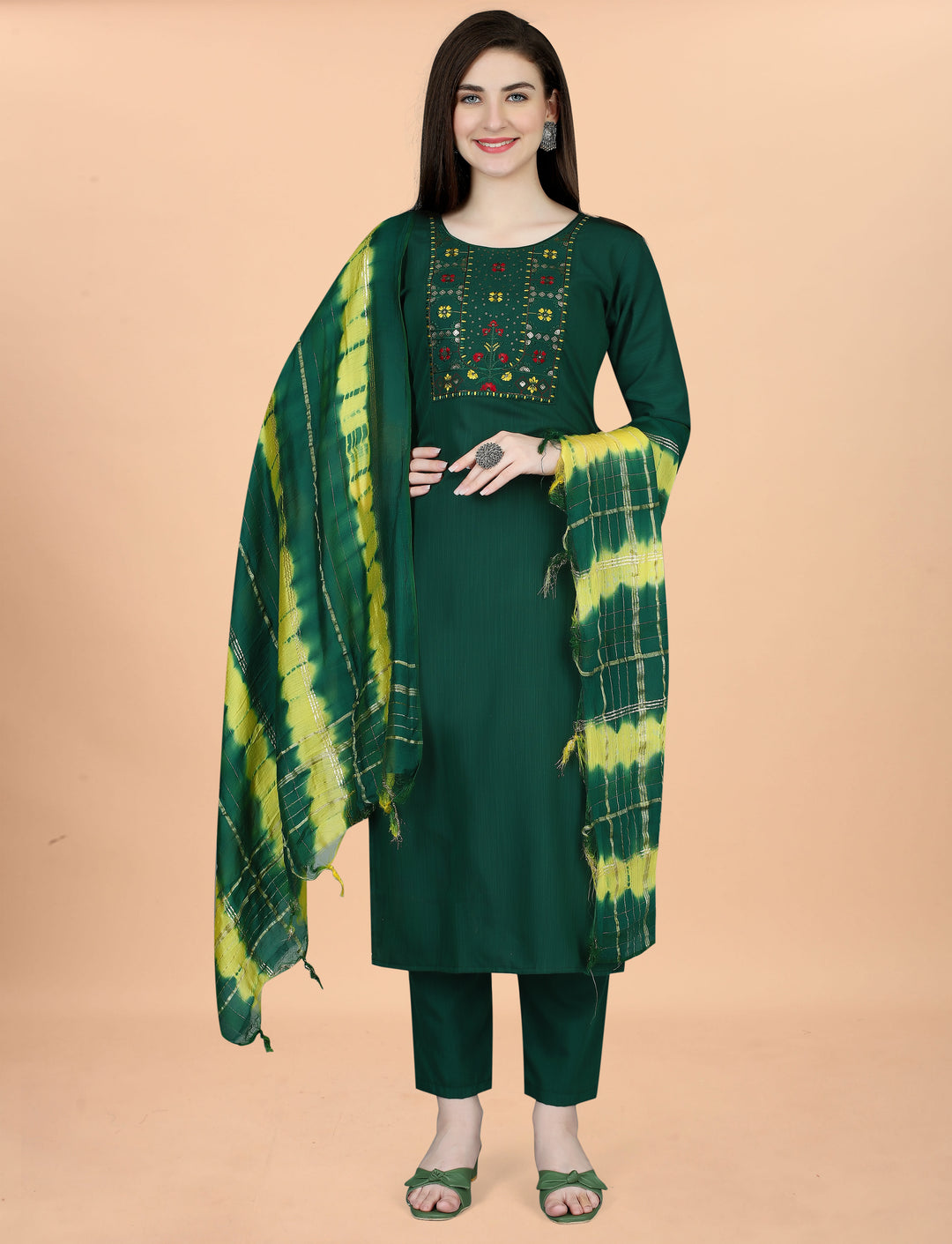 Green Color Cotton Blend Embroidery Kurti with Pant And Dupatta Sets