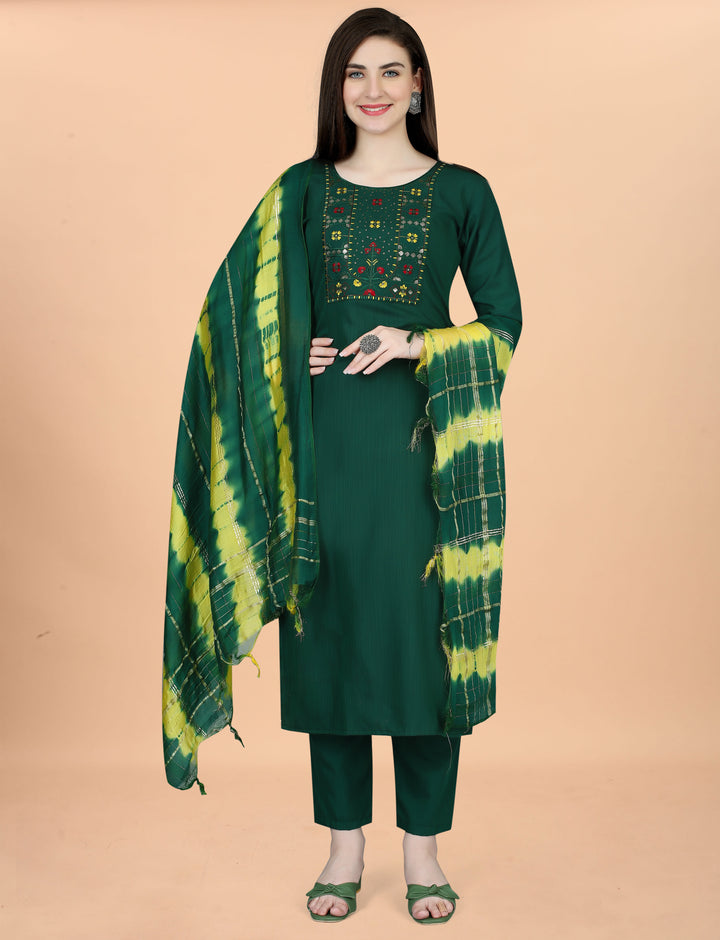 Green Color Cotton Blend Embroidery Kurti with Pant And Dupatta Sets