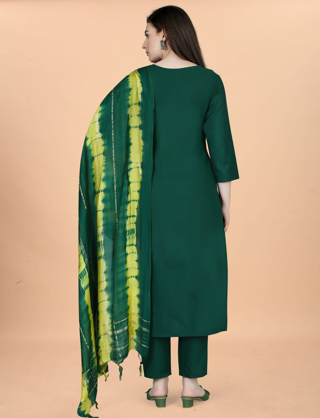 Green Color Cotton Blend Embroidery Kurti with Pant And Dupatta Sets