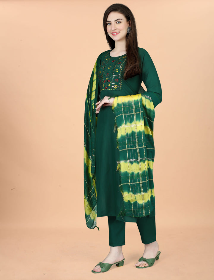 Green Color Cotton Blend Embroidery Kurti with Pant And Dupatta Sets