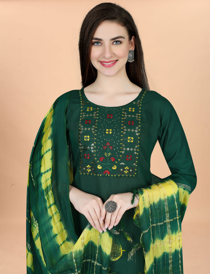 Green Color Cotton Blend Embroidery Kurti with Pant And Dupatta Sets