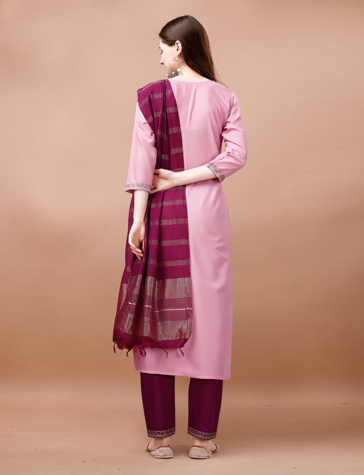 Pink Color Cotton Blend Embroidery Kurti with Pant And Dupatta Sets
