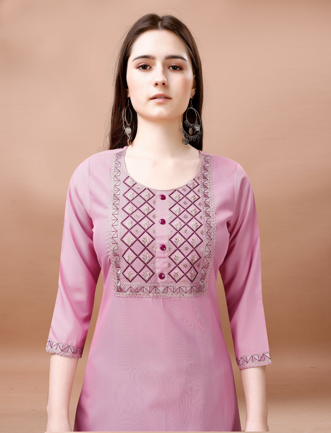 Pink Color Cotton Blend Embroidery Kurti with Pant And Dupatta Sets