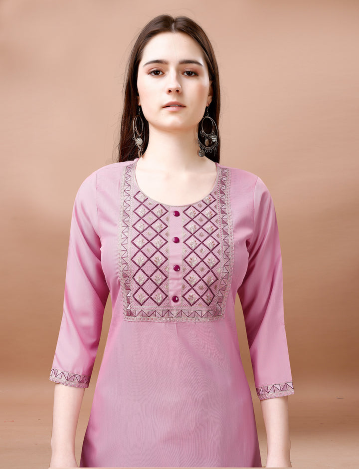 Pink Color Cotton Blend Embroidery Kurti with Pant And Dupatta Sets