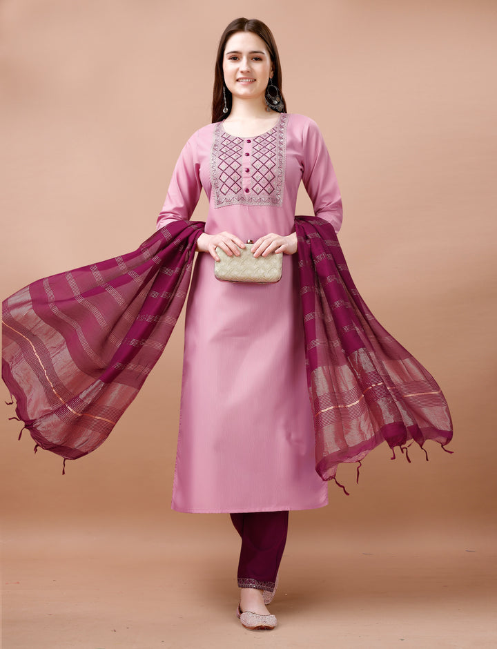 Pink Color Cotton Blend Embroidery Kurti with Pant And Dupatta Sets